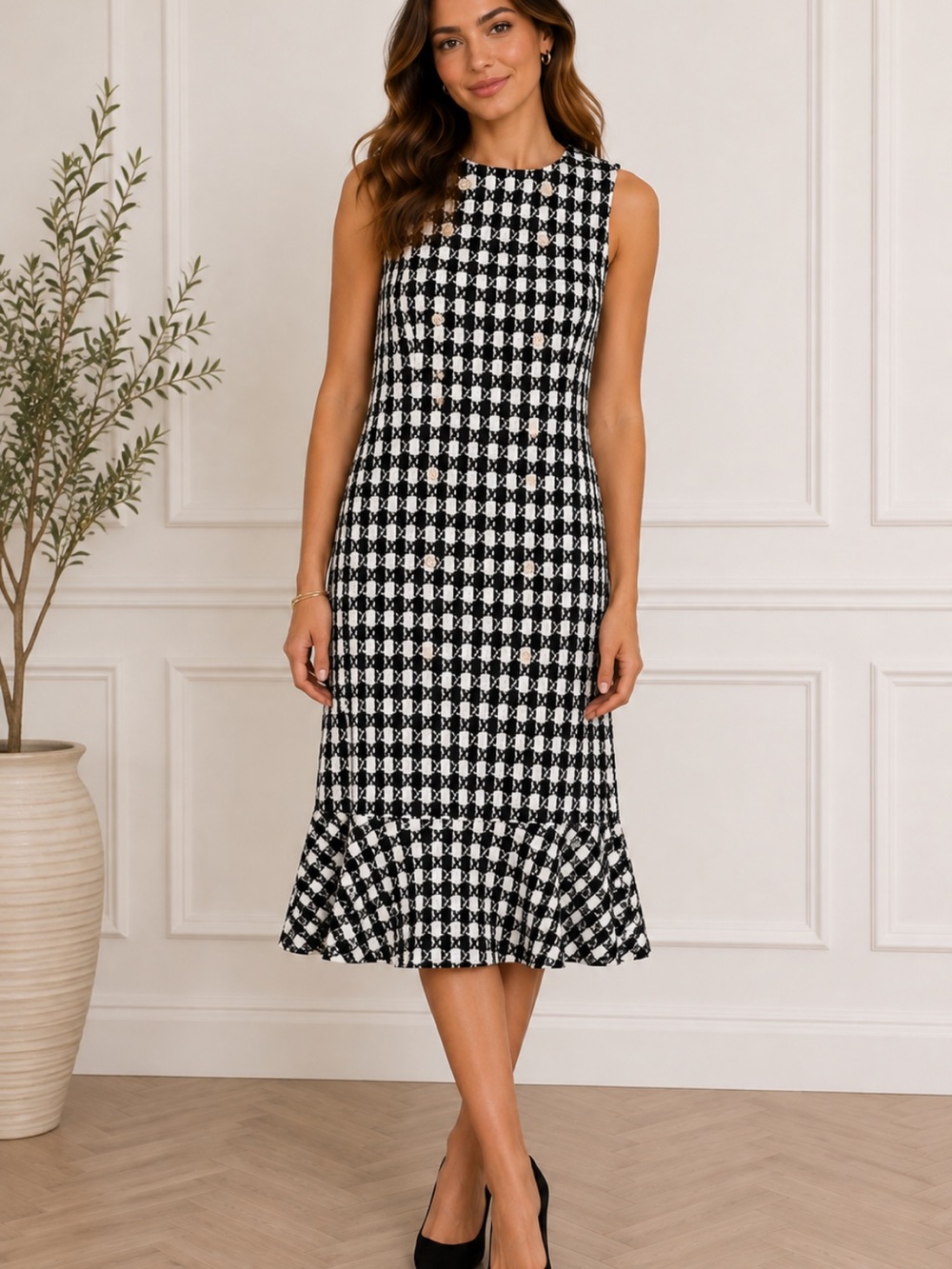 Sleeveless Black and White Houndstooth Midi Dress